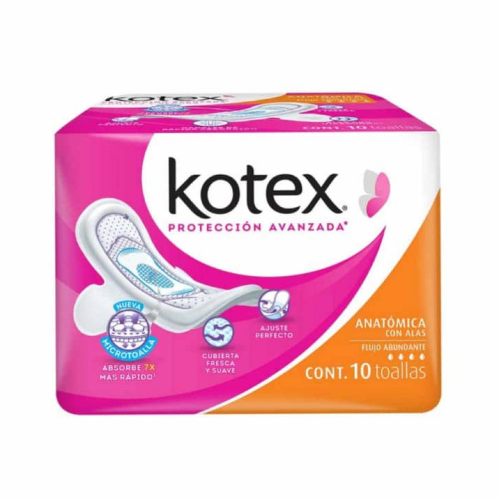 KOTEX ANATÓMICA s/ALAS Flujo Abundante c/10 Toallas.