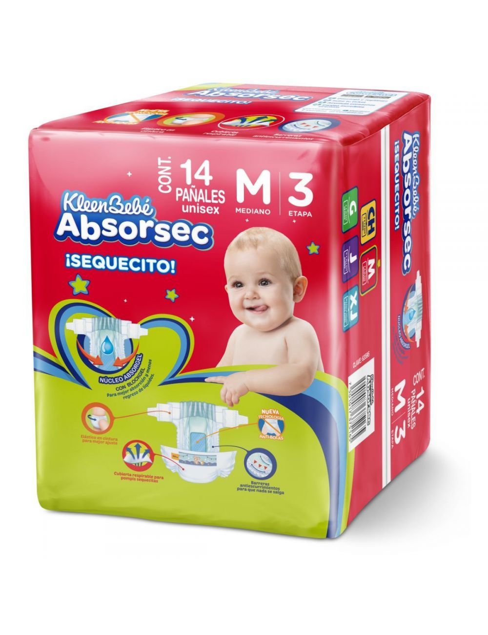 KLEENBEBÉ ABSORSEC ¡SEQUECITO! MEDIANO (Etapa 3 / 7-10 Kg.) c/14 Pzs.