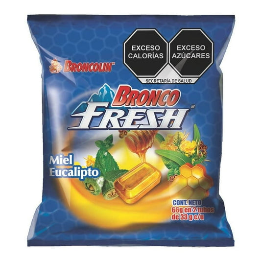 BRONCO FRESH Sabor Miel Eucalipto Tubo. c/9 CARAMELOS 3.66 G. Exh. c/12 Pzs.