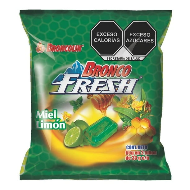 BRONCO FRESH Sabor Miel Limón Tubo. c/9 CARAMELOS 3.66 G. Exh. c/12 Pzs.