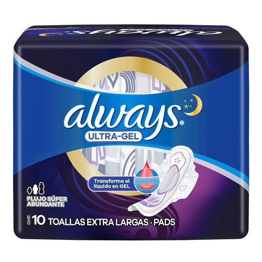 ALWAYS ULTRA-GEL con Alas c/10 Toallas Extra Largas.