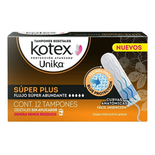 KOTEX UNIKA TAMPONES SÚPER PLUS Flujo Súper Abundante c/12 Pzs.