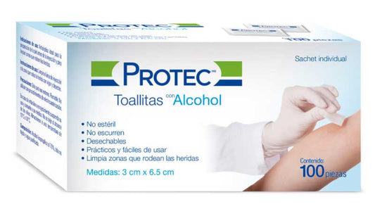 TOALLITAS de ALCOHOL (Protec) 3 x 6.5cm. Cja. c/100 Pzs.