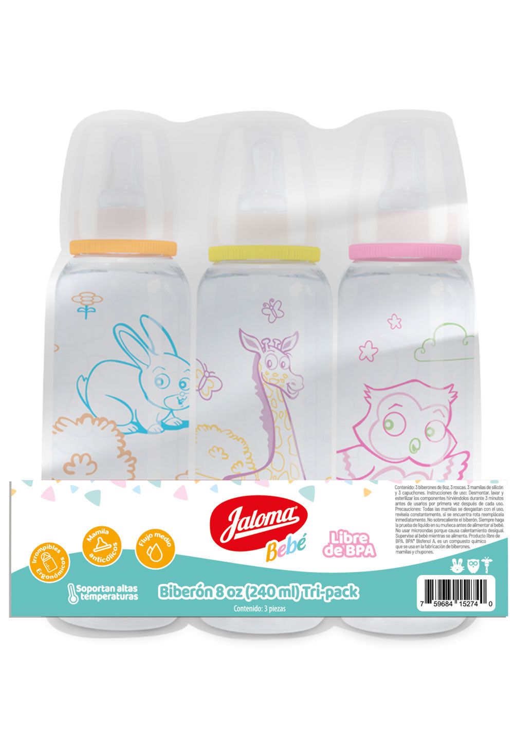 BIBERÓN ANIMALITOS c/MAMILA (Colores) 8 OZ/240 ML. (3 Pack).