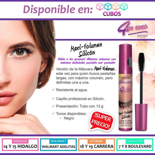 MASCARA 4 en UNO Maxi-Volumen Silicón. Color NEGRO Tubo 13 G.