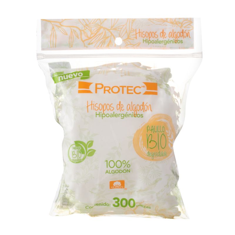 HISOPOS DE ALGODÓN Biodegradables (Protec) Bolsa c/300 Pzs.