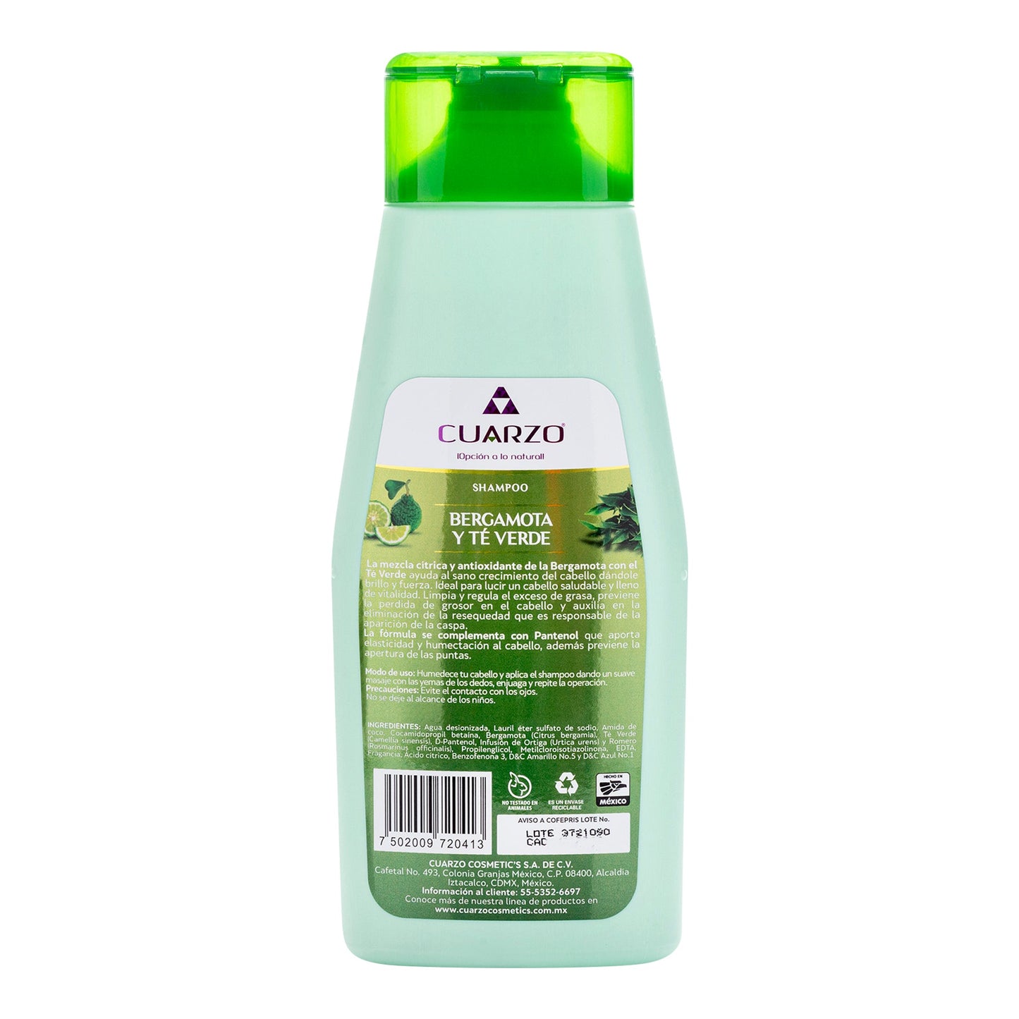 SHAMPOO BERGAMOTA y TÉ VERDE c/Pantenol (Cuarzo) 550 ML.