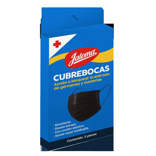 CUBREBOCAS ADULTO DCHBLE. 3 PLIEGUES Col. Negro (Jaloma) Cja. c/5 Pzs.