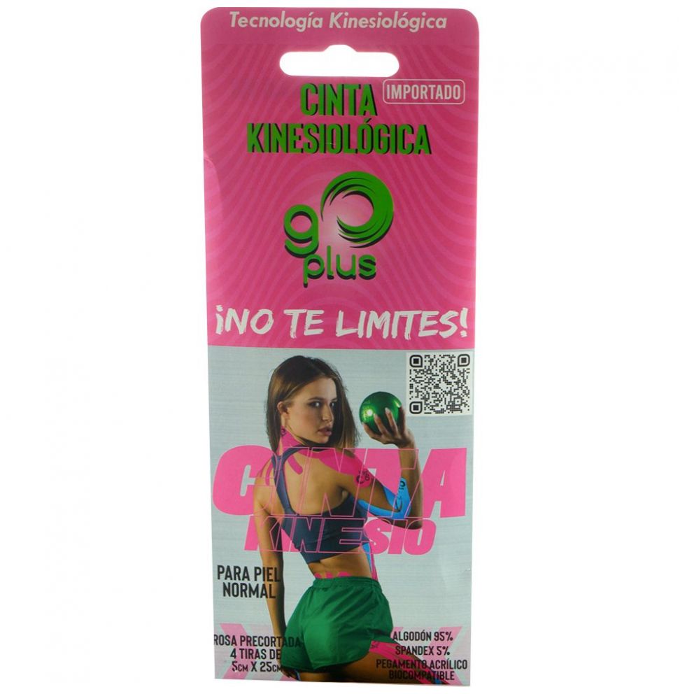 CINTA KINESIO PRECORTADA (Go Plus) Col. Rosa Paq. c/4 TIRAS 25x5 CM.