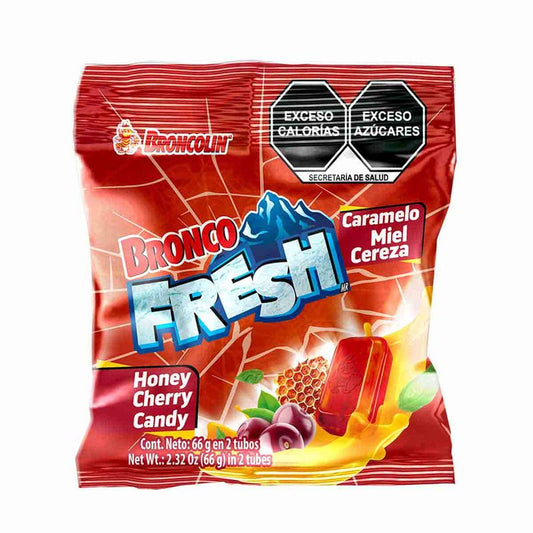 BRONCO FRESH Sabor Miel Cereza Tubo c/9 CARAMELOS 3.66 G. Exh. c/12 Pzs.