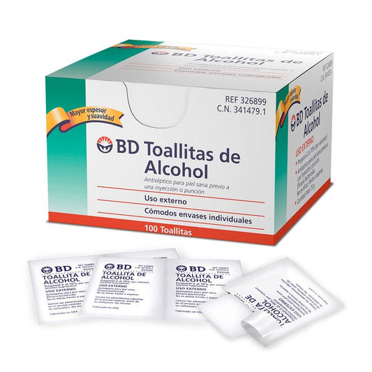 TOALLITAS de ALCOHOL BD Caja c/100 Pzs.