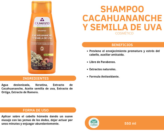 SHAMPOO CACAHUANANCHE y SEMILLA DE UVA (Cuazo) Fco. 550 ML.