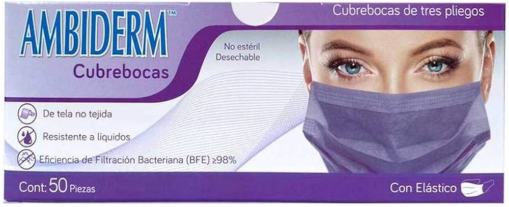 CUBREBOCAS ADULTO DCHBLE. 3 PLIEGUES Col. Violeta (Ambiderm) Cja. c/50 Pzs.