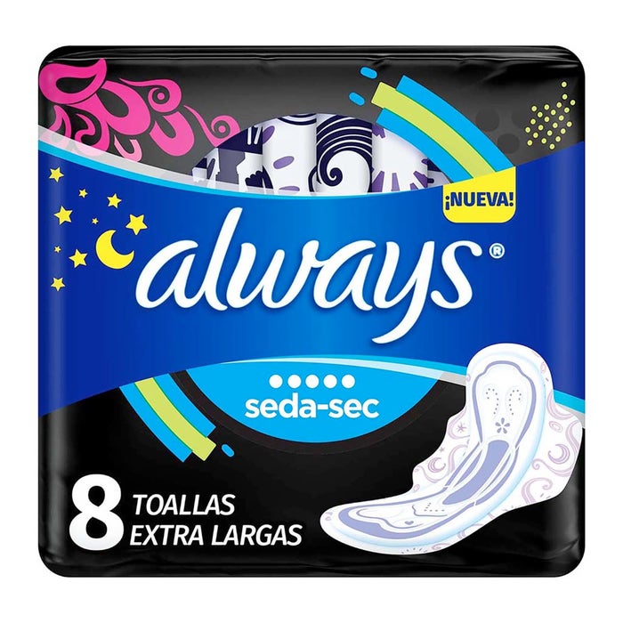 ALWAYS NOCTURNA Flujo S. Abundante con Alas c/8 Toallas Ex-Largas.