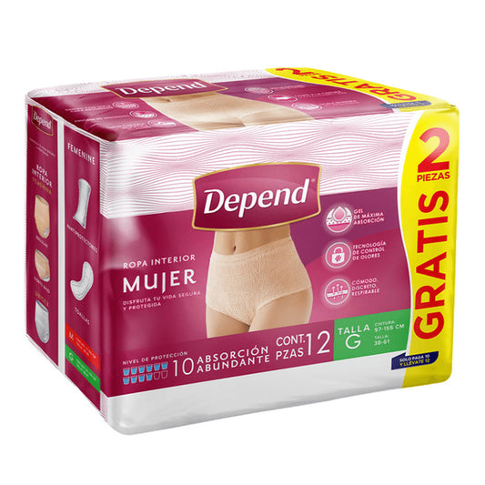 DEPEND ROPA INTERIOR Mujer GDE. (Talla 38-61 / Cintura 97-155cm) c/10+2 Pzs.