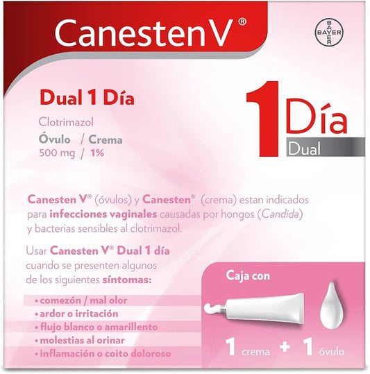 CANESTEN V Dual 1 DÍA c/1 ÓVULO 500 MG. y TUBO CREMA 1%.