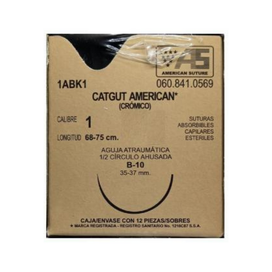 CATGUT CRÓMICO (American) Cal. 2-0/L: 68-75cm/Aguja B-10 Sob. c/1 Pza.