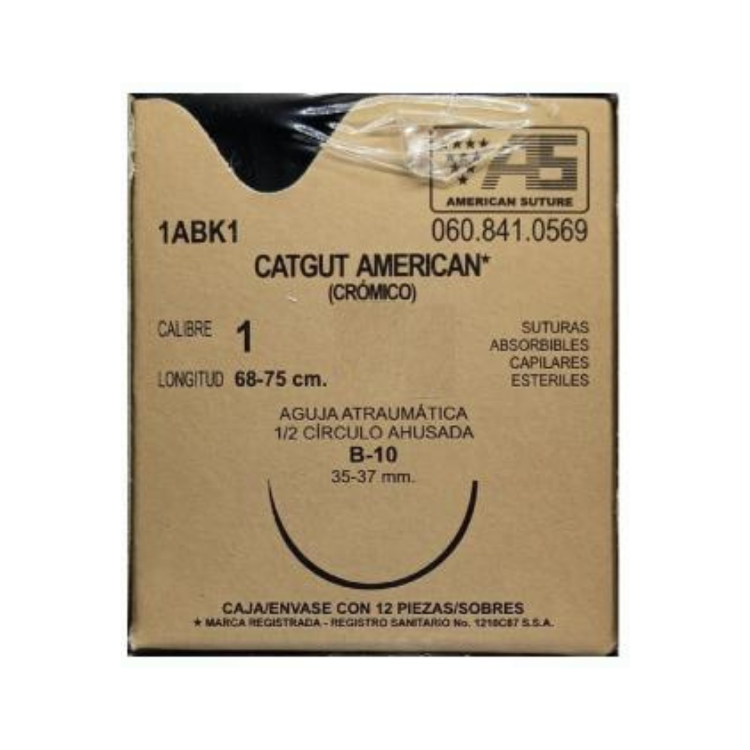 CATGUT CRÓMICO (American) Cal. 0/L: 68-75cm/Aguja B-10 Sob. c/1 Pza.