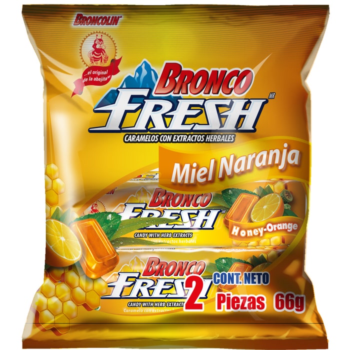 BRONCO FRESH Sabor Miel Naranja Tubo. c/9 CARAMELOS 3.66 G. Exh. c/12 Pzs.