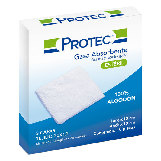 GASA ABSORBENTE Estéril (Protec) 10x10cm. T20x12, 8C. Cja. c/10 Sobs.