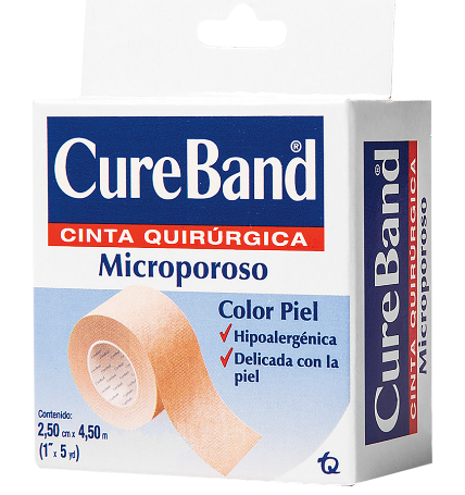 CURE BAND MICROPOROSO Rollo Col. Piel A: 2.5cm; L: 4.5m. Caja c/1 Pza.