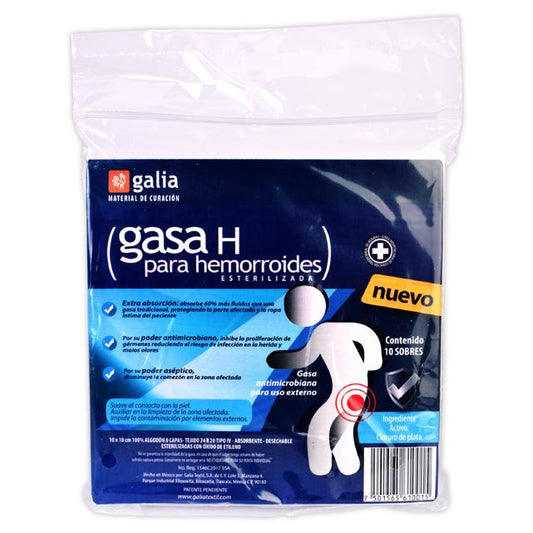 GASA "H" PARA HEMORROIDES (Galia) Estéril 10x10cm. Bolsa c/10 Sobs.