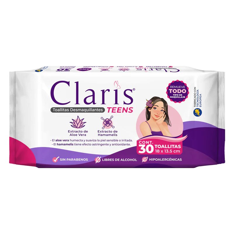 CLARIS TEENS TOALLAS DESMAQUILLANTES Paq. c/30 Pzs.