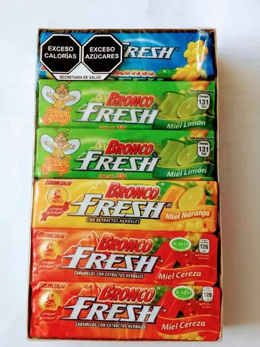 BRONCO FRESH Sabor Miel Cereza Tubo c/9 CARAMELOS 3.66 G. Exh. c/12 Pzs.