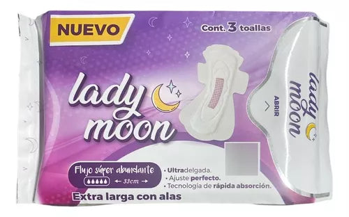 LADY MOON c/ALAS Flujo Super Abundante c/3 Toallas Ex-Largas.