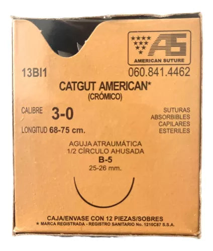 CATGUT CRÓMICO (Tagum) Cal. 3-0/L: 75cm/Aguja HR25 Sob. c/1 Pza.