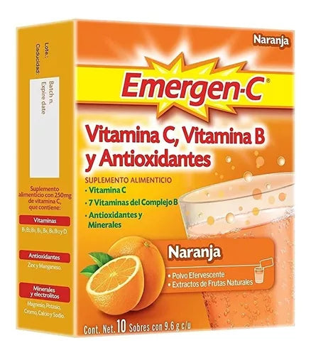 VITAMINA C,B+EXTO. DE NARANJA MINERALES Y ANTIOXIDANTES c/10 SOBS. 9.6 G.