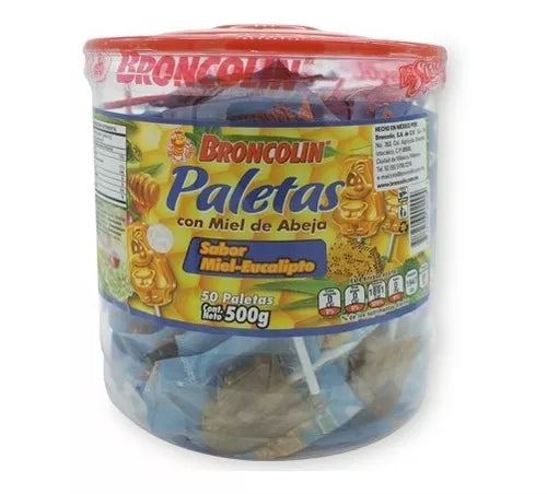 BRONCOLIN PALETAS Sabor Miel Eucalipto Vitrolero c/50 Pzs. 10 G.