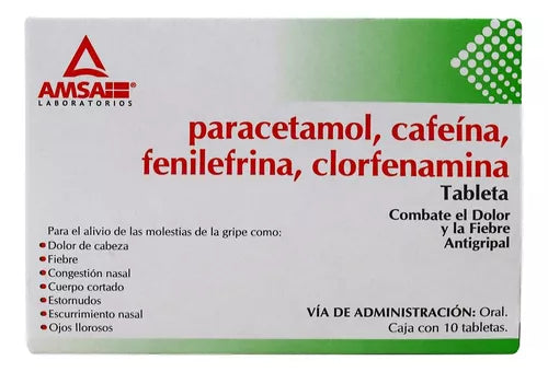 PARCML/CAFNA/FENLNA/CLRFNA (Amsa) c/10 TABS. 500/25/5/4 MG.