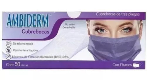 CUBREBOCAS INFANTIL DCHBLE. 3 PLIEGUES Col. Violeta (Ambiderm) Cja. c/50 Pzs.