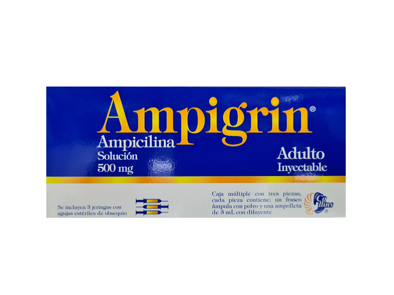 AMPIGRIN Adulto Sol. Iny. c/3 FCO. AMP. 500 MG. y 3 Jeringas.