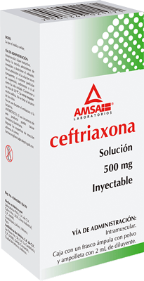 CEFTRIAXONA (Amsa) I.M. Sol. Iny. c/1 FCO. AMP. 500 MG/2 ML.