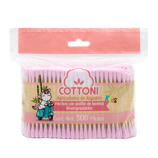 APLICADORES DE ALGODÓN Kids BIODEGRADABLES (Cottoni) Col. Rosa Bolsa c/300 Pzs.