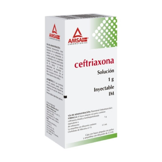 CEFTRIAXONA (Amsa) I.M. Sol. Iny. c/1 FCO. AMP. 1 G/3.5 ML.