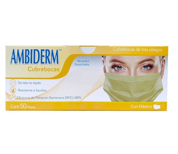 CUBREBOCAS ADULTO DCHBLE. 3 PLIEGUES Col. Amarillo (Ambiderm) Cja. c/50 Pzs.