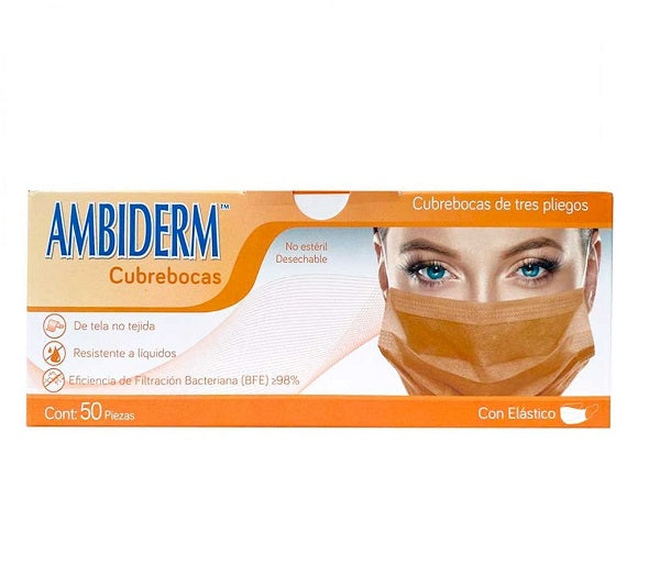 CUBREBOCAS ADULTO DCHBLE. 3 PLIEGUES Col. Anaranjado (Ambiderm) Cja. c/50 Pzs.