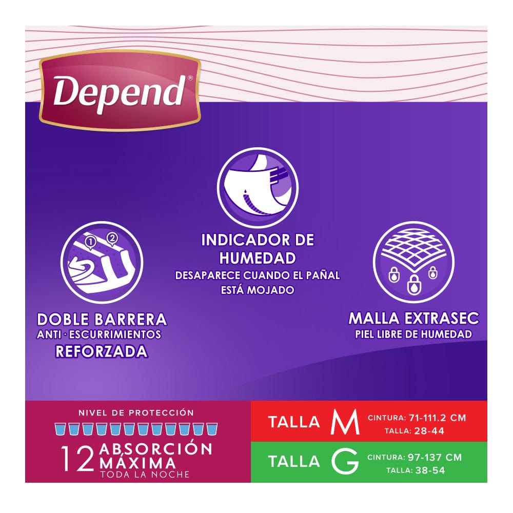 DEPEND NOCTURNO MED. (Talla 28-44 / Cintura 71-111.2cm) UNISEX c/10 Pzs.