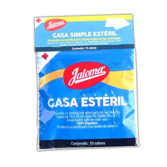 GASA SIMPLE ESTÉRIL (Jaloma) 10x10cm. T20x12, 8C. Bolsa c/10 Sobs.