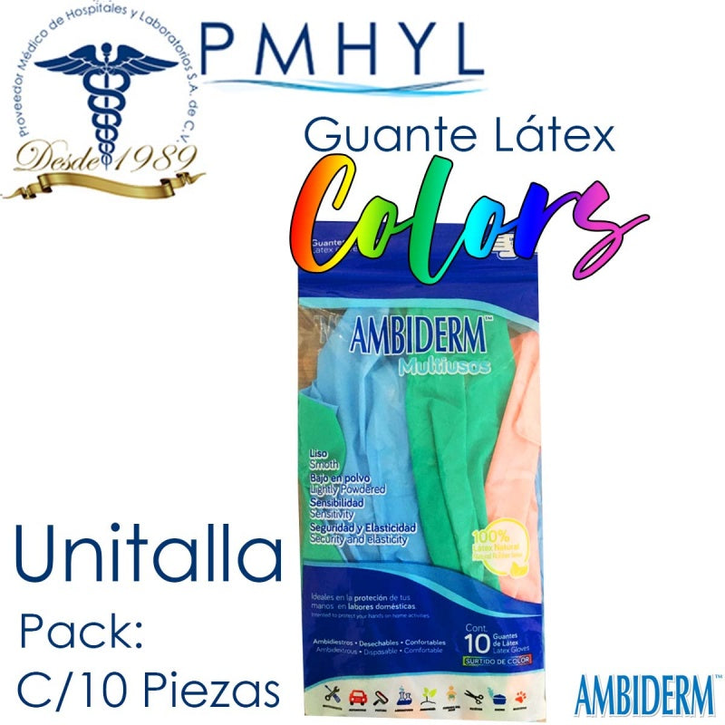 AMBIDERM MULTIUSOS GUANTE LÁTEX Multicolor No Estéril U.T. Bolsa c/10 Pzs.