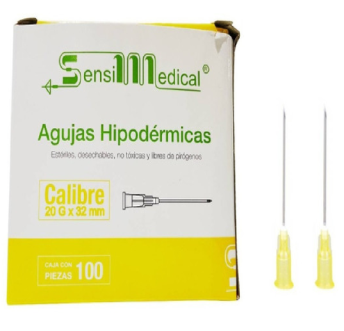 AGUJA HIPODÉRMICA (SensiMedical) 20Gx1-1/4"(32mm) Cja. c/100 Pzs.