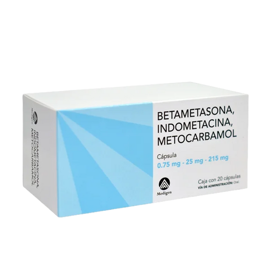 BETAMETASONA/INDOMETACINA/METOCARBAMOL (Medigen) c/20 CAPS. 0.75/25/215 MG.