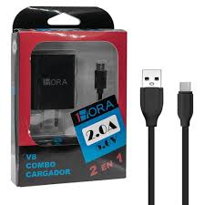 COMBO CARGADOR 2en1 Mod. GAR064 USB 2.0A-5.0V / Salida V8 / Col. Negro.