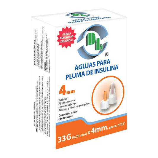 AGUJAS PARA PLUMA DE INSULINA (DL) 33Gx4mm. Caja c/10 Pzs.